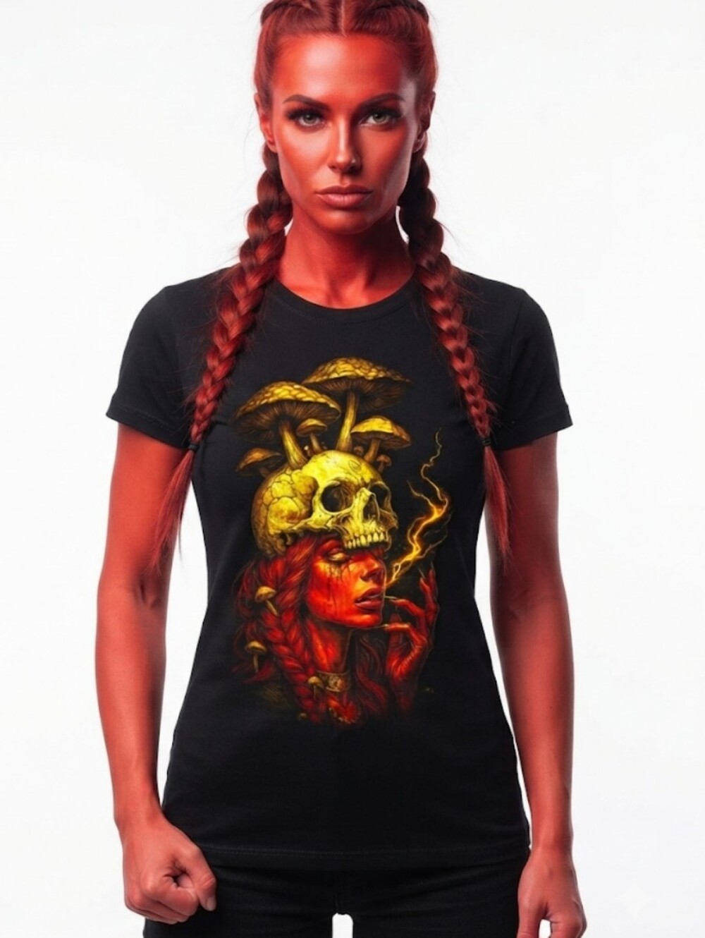 Upcycled Red Goddess Skull & Mushrooms Graphic T-Shirt Alternative Dark Fantasy